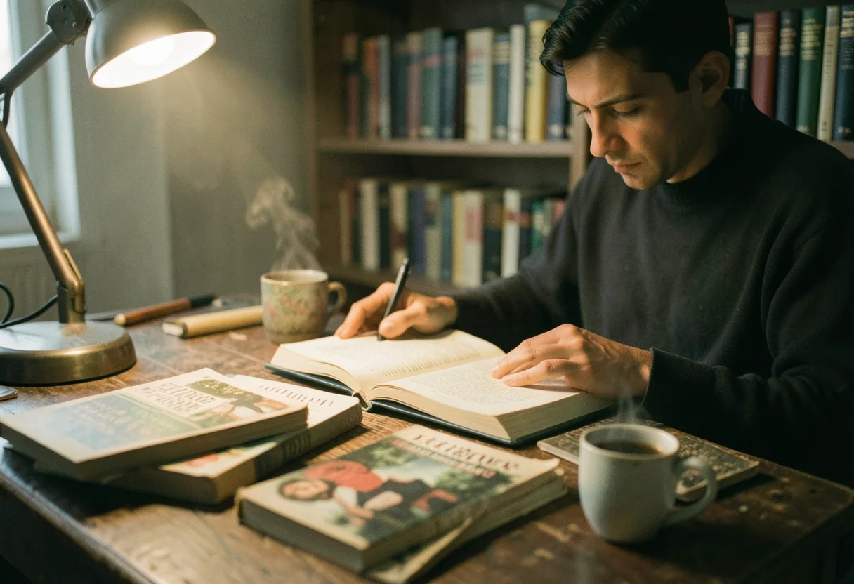 A cluttered desk with books, papers, and a typewriter, illustrating analyzing fiction character in short stories.