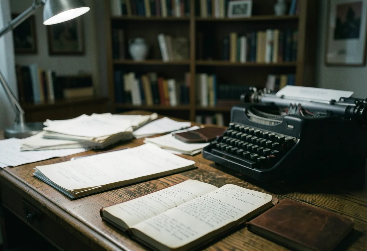 A cluttered writer's desk with scattered papers, highlighting apart vs a part in creative writing.