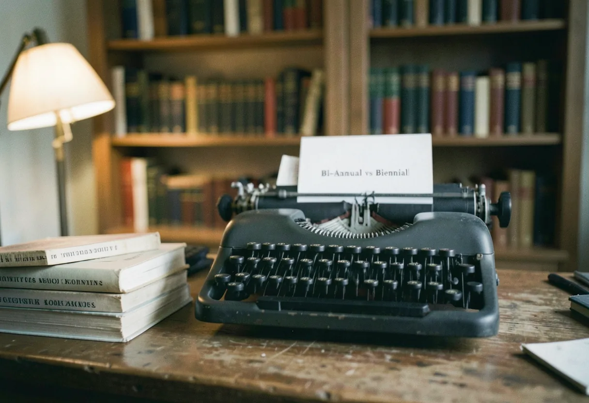 Worn wooden desk with notebook and pen, punctuation and hyphenation guide.