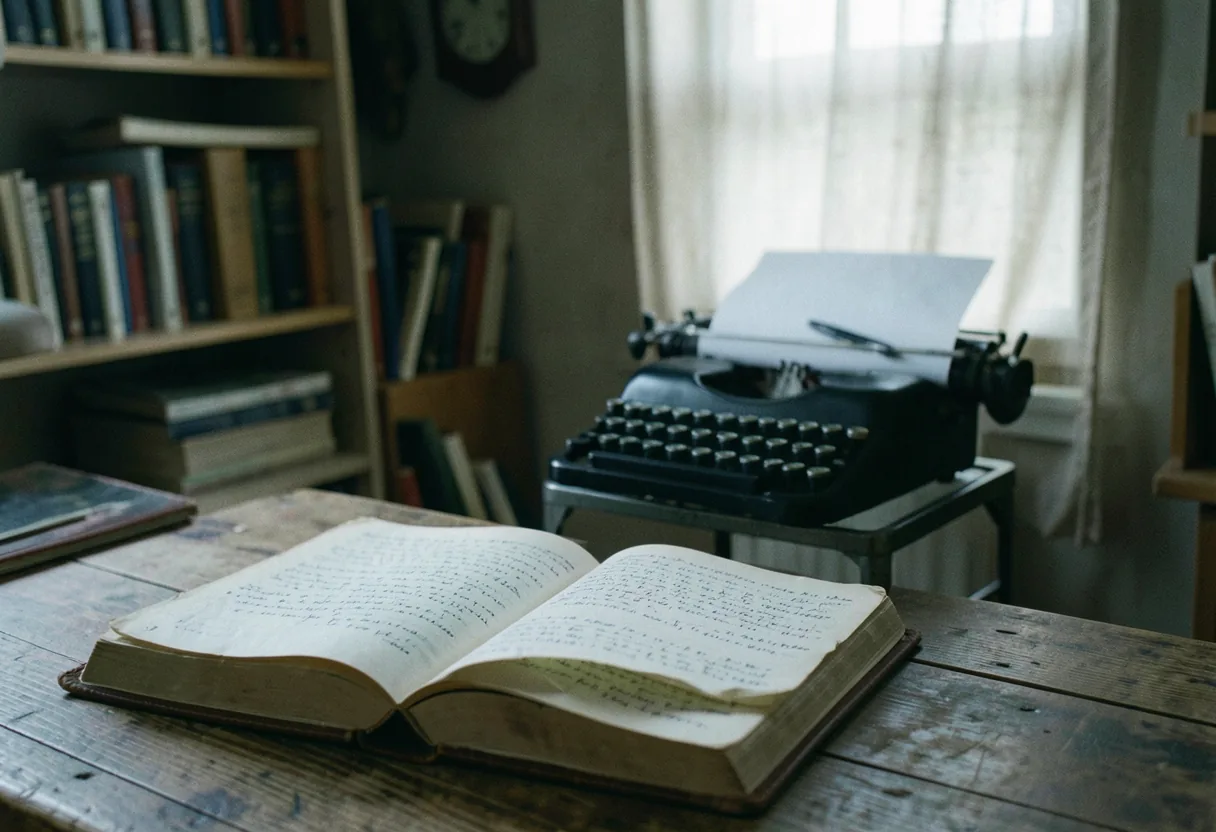 Tattered book on wooden table, muted colors, explaining common tropes in writing.