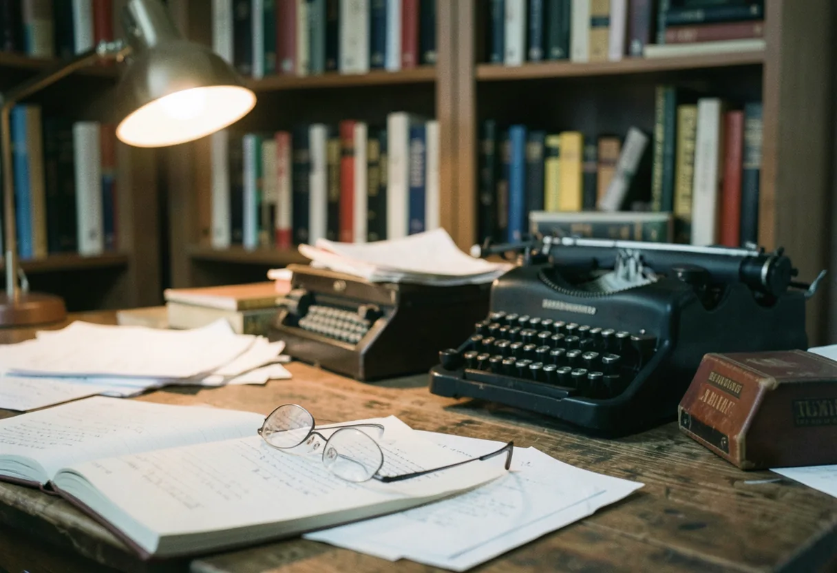 A cluttered desk with books, papers, and a laptop, illustrating grammar rules.