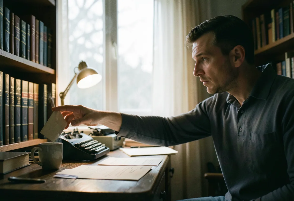 Writer reaching for book at wooden desk, illustrating preposition usage in writing.