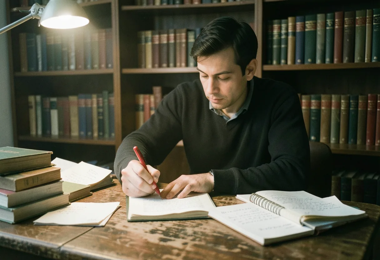 Worn desk, writer annotating short story, muted colors, soft light, effective annotation.