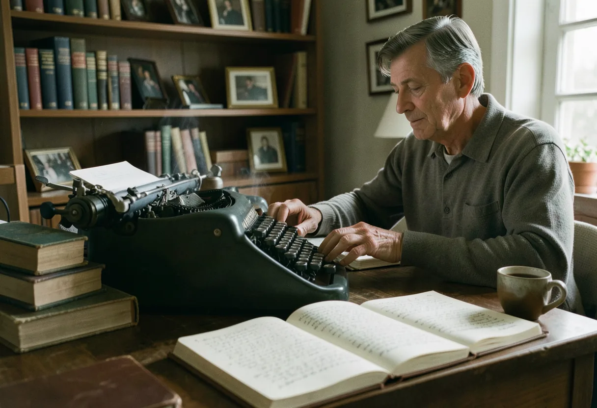 A cluttered wooden desk in a cozy home office, daily writing habits for authors.