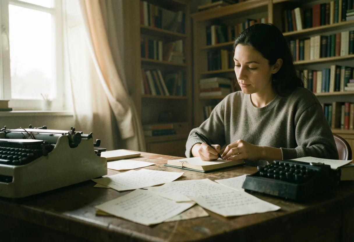 Poetry types guide, cluttered desk with scattered manuscript pages, muted colors.