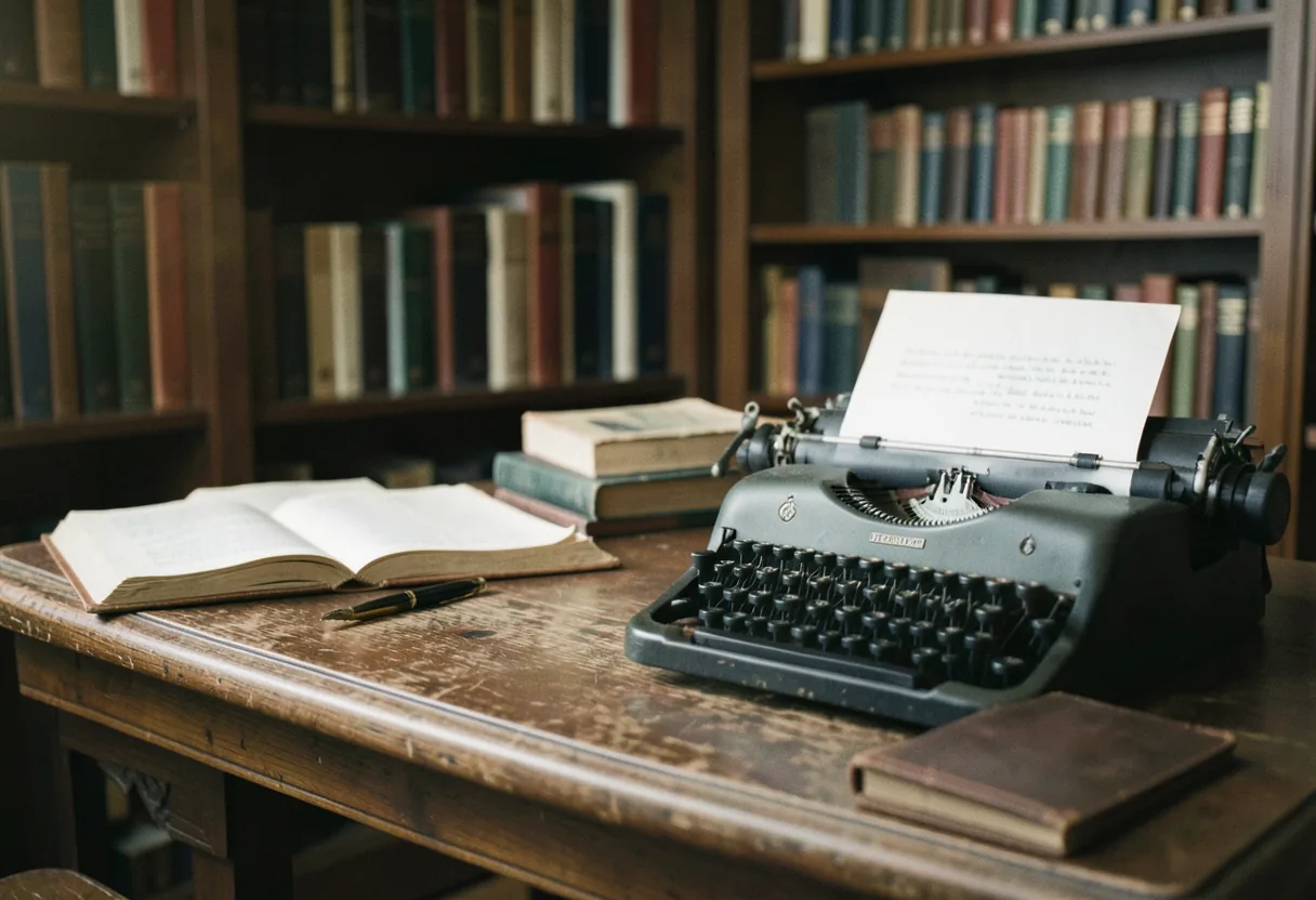 Desk with open books, highlighting principal vs principle usage in literature, vintage study scene.