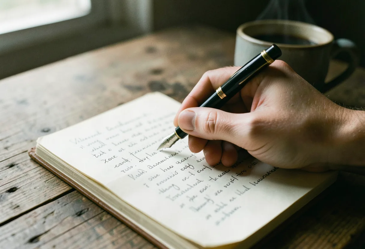 Hand poised with vintage fountain pen over open notebook, muted colors, soft lighting.