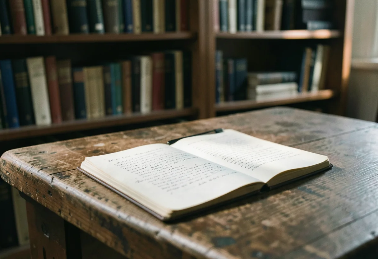A vintage desk under soft light, representing limited vs omniscient third-person POV in essays.