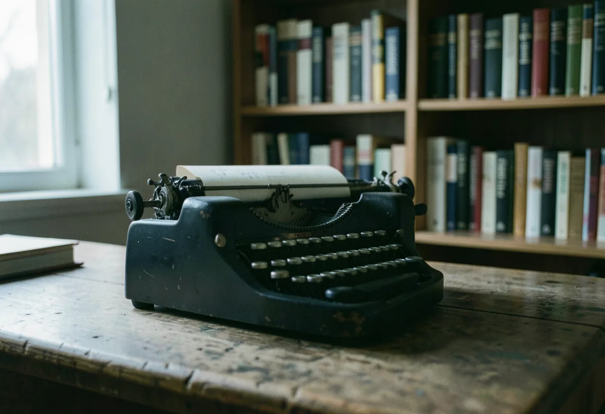A worn wooden desk, bathed in soft light. Writing Prompt Guide.