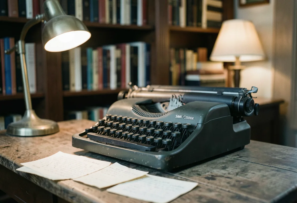 A vintage typewriter on a weathered wooden desk, soft diffused light, fiction characteristics guide.