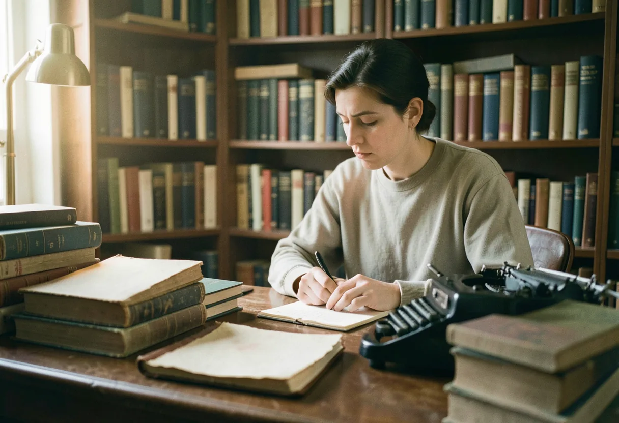 A person writing at a wooden desk, crafting narrative poetry, muted colors.