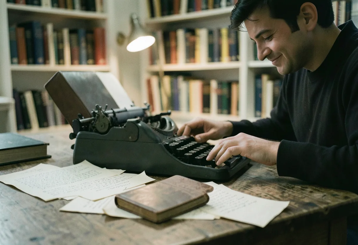 A weathered wooden desk with scattered loose sheets, muted colors, soft light. Novel in verse.